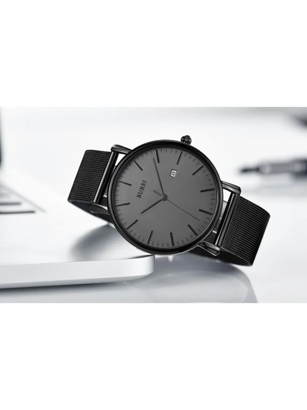 Men's Black Classic Mesh Strap Minimalist Analog Quartz Waterproof Wrist Watch